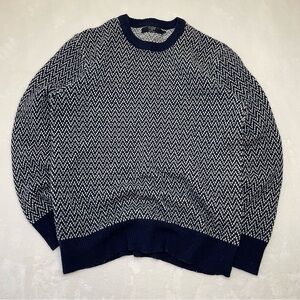 J. Crew Sweater 100% Lambswool Crewneck Chevron Birdseye Blue White Preppy Sz M